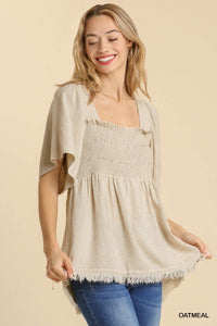 Aria Linen Blend Smocked Top (Oatmeal)