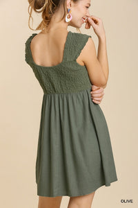 Linen Blend Short Sleeve Popcorn Texture Detail Dress (Olive)