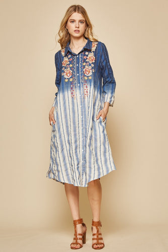 Isla Embroidered Ombre Dip Dye Dress (Denim)