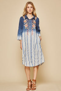 Isla Embroidered Ombre Dip Dye Dress (Denim)