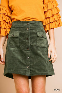 Corduroy Button Front Skirt (Olive)
