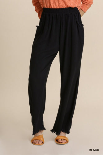 Wide Leg Pant with Frayed Hem (Black)