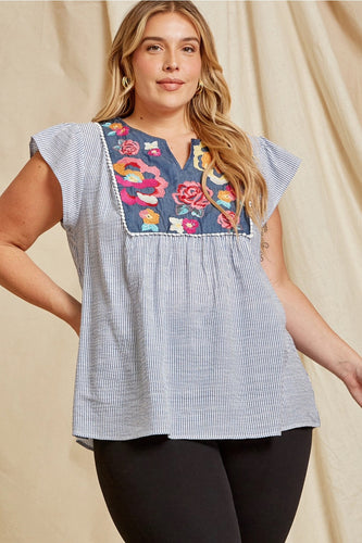 Savanna Pinstripe Embroidered Top Curvy (Denim)