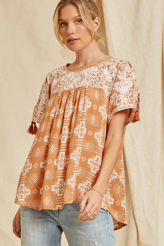 Phoenix Sun Embroidered Top (Camel)