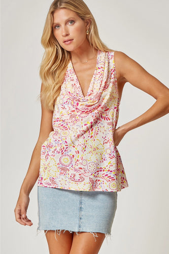 Cowl Printer Sleeveless Top (Ivory Multi)