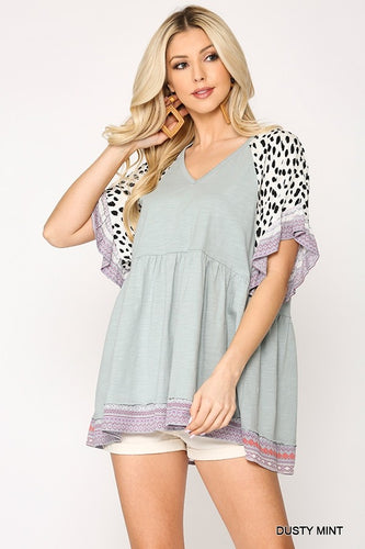 Animal Print Mixed V-Neck Dolman Tunic Top (Dusty Mint)