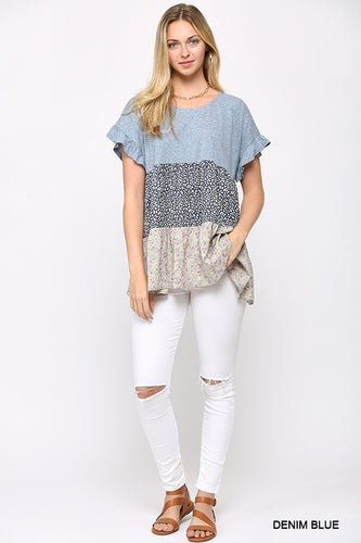 Floral Print Tiered Top with Back Keyhole (Denim Blue)