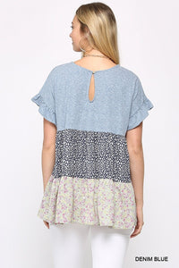 Floral Print Tiered Top with Back Keyhole (Denim Blue)