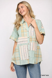 Plaid and Textured Mixed Button Down Top (Mint)