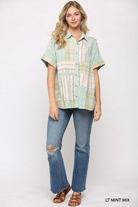 Plaid and Textured Mixed Button Down Top (Mint)