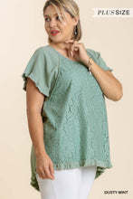 Linen Blend Floral Lace Detail Short Sleeve Top Curvy (Mint)