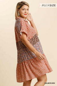 Abilene Mixed Print Short Sleeve Dress Curvy (Salmon Mix)