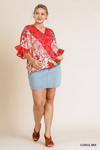 Athena Curvy Floral Animal Mixed Print Ruffle Top (Coral)